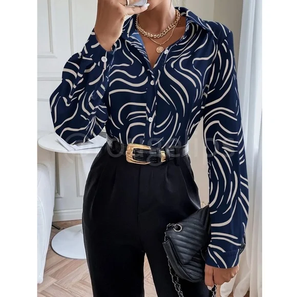 Abstract Print Button Down Collared Long Sleeve Dress Shirt Top Navy Blue - Picture 1 of 8